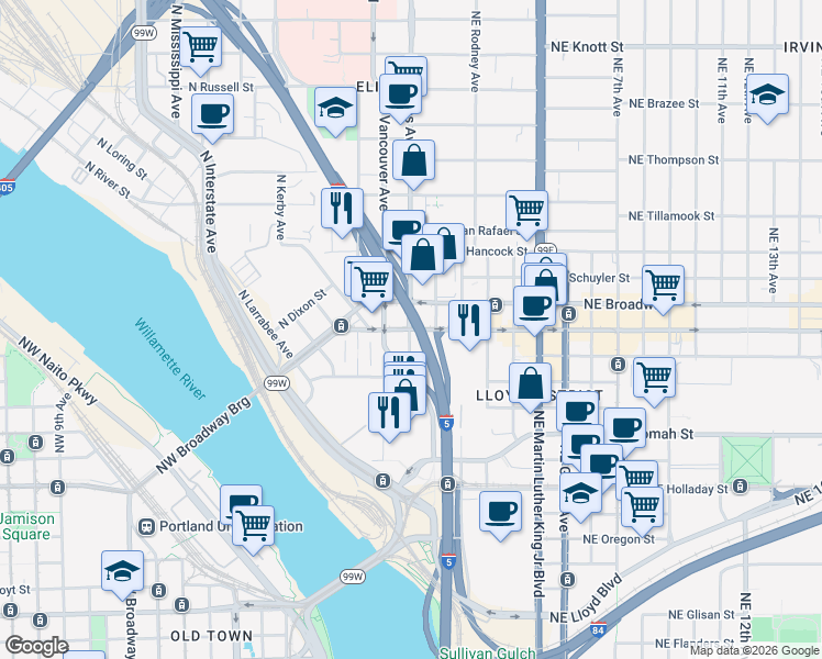map of restaurants, bars, coffee shops, grocery stores, and more near 6 Northeast Weidler Street in Portland