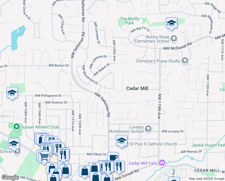 map of restaurants, bars, coffee shops, grocery stores, and more near 2037 Northwest Woodrose Drive in Portland