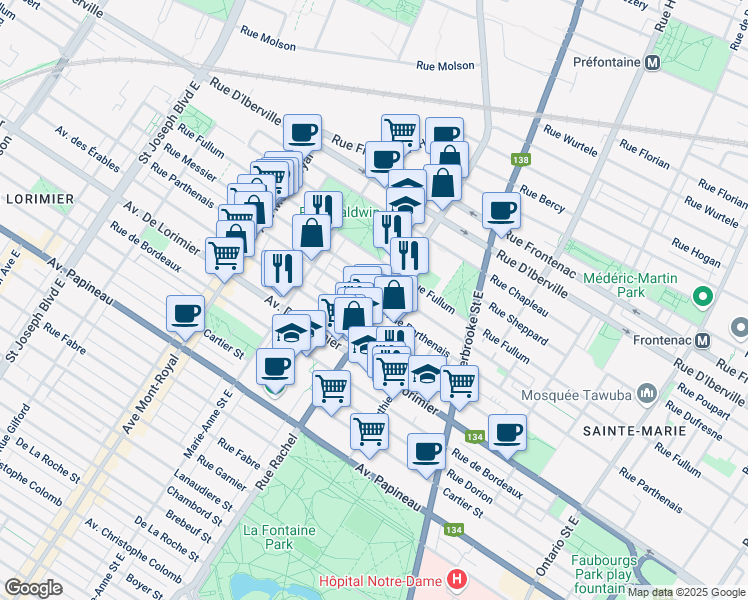 map of restaurants, bars, coffee shops, grocery stores, and more near 2225 Rue Rachel Est in Montréal