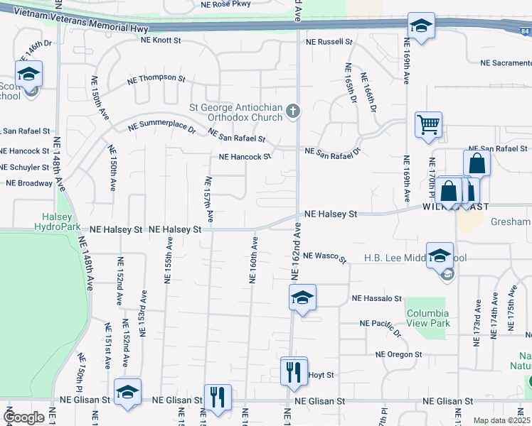 map of restaurants, bars, coffee shops, grocery stores, and more near 16045 Northeast Halsey Street in Portland