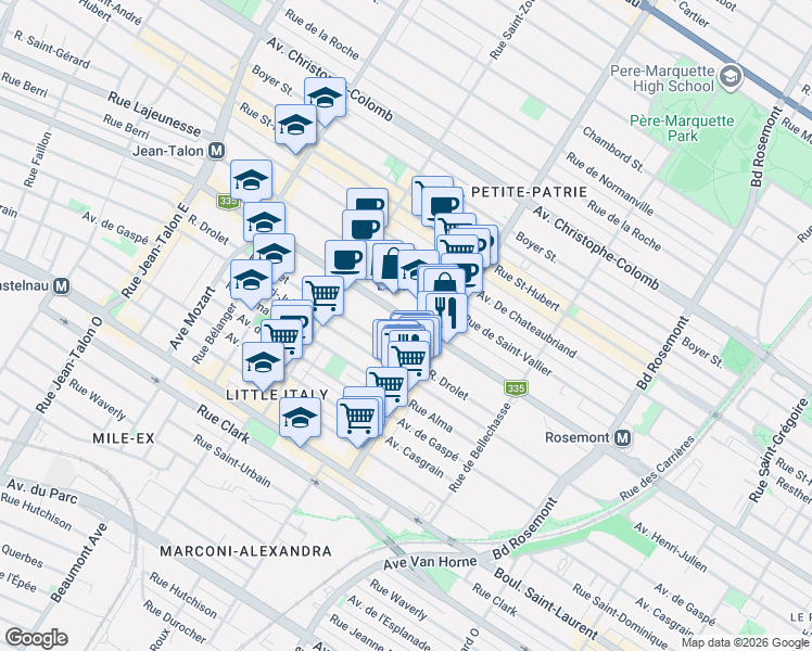 map of restaurants, bars, coffee shops, grocery stores, and more near 6528 Rue Saint-Denis in Montréal