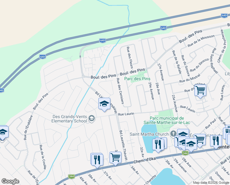 map of restaurants, bars, coffee shops, grocery stores, and more near 351 Rue du Merlot in Sainte-Marthe-sur-le-Lac