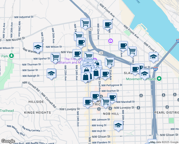 map of restaurants, bars, coffee shops, grocery stores, and more near 1606 Northwest 23rd Avenue in Portland