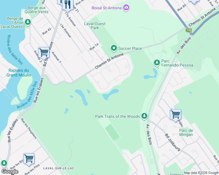 map of restaurants, bars, coffee shops, grocery stores, and more near 8250 Rue Marie-Lefranc in Laval
