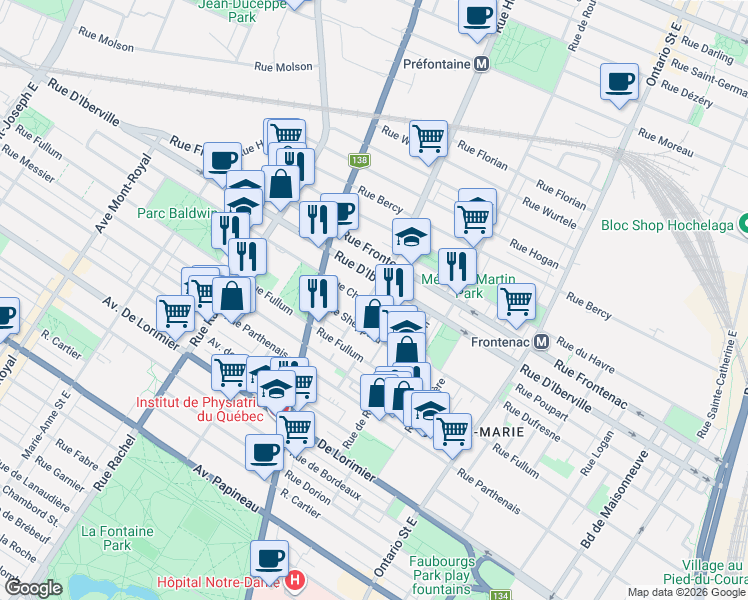 map of restaurants, bars, coffee shops, grocery stores, and more near 2433 Rue Chapleau in Montréal