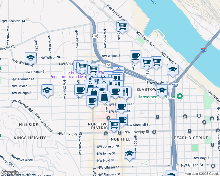 map of restaurants, bars, coffee shops, grocery stores, and more near 2170 Northwest Raleigh Street in Portland