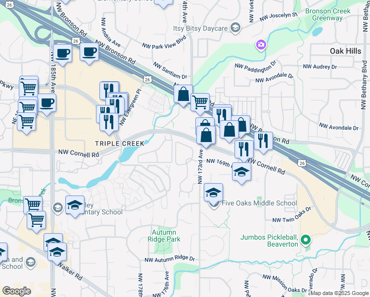 map of restaurants, bars, coffee shops, grocery stores, and more near 1945 Northwest 173rd Avenue in Beaverton