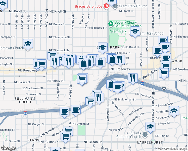 map of restaurants, bars, coffee shops, grocery stores, and more near 3204 Northeast Weidler Street in Portland