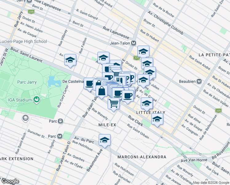 map of restaurants, bars, coffee shops, grocery stores, and more near in Montreal