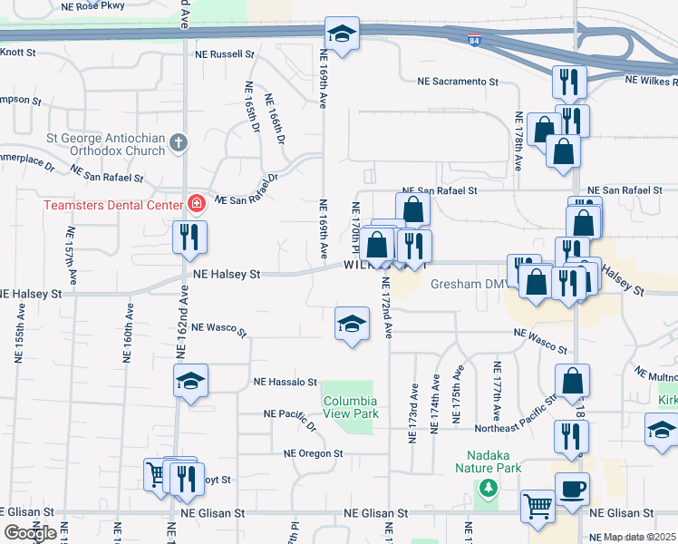 map of restaurants, bars, coffee shops, grocery stores, and more near 16962 Northeast Halsey Street in Portland