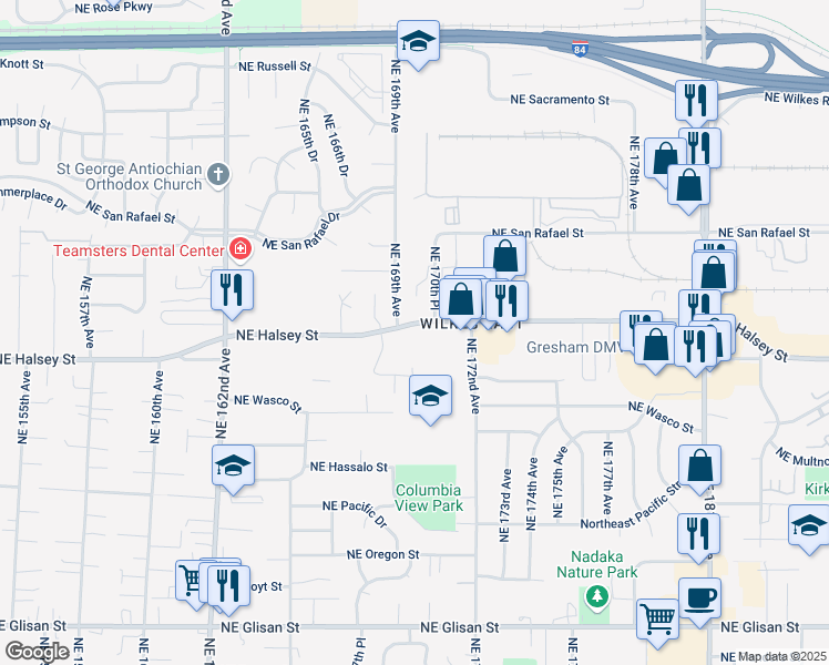 map of restaurants, bars, coffee shops, grocery stores, and more near 16914 Northeast Halsey Street in Portland