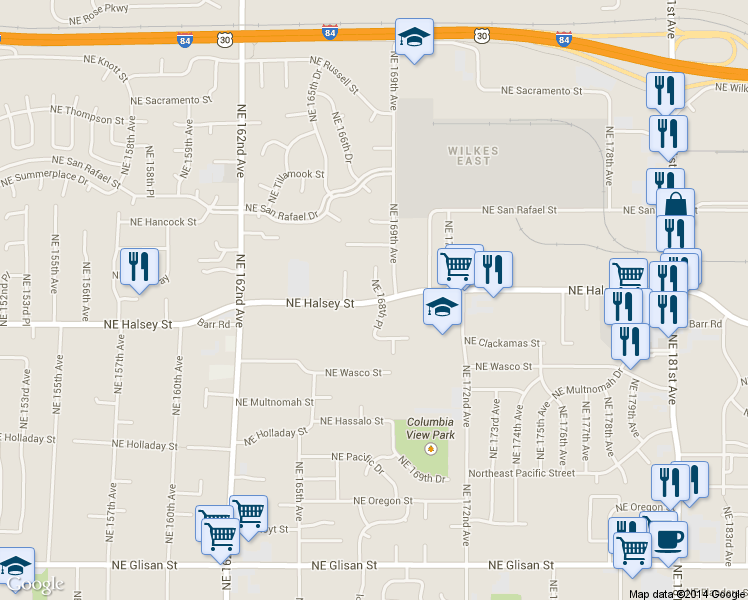 map of restaurants, bars, coffee shops, grocery stores, and more near 1535 Northeast 168th Place in Portland