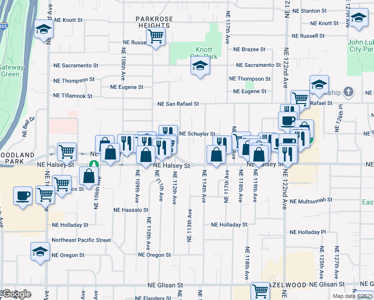 map of restaurants, bars, coffee shops, grocery stores, and more near 11359 Northeast Halsey Street in Portland