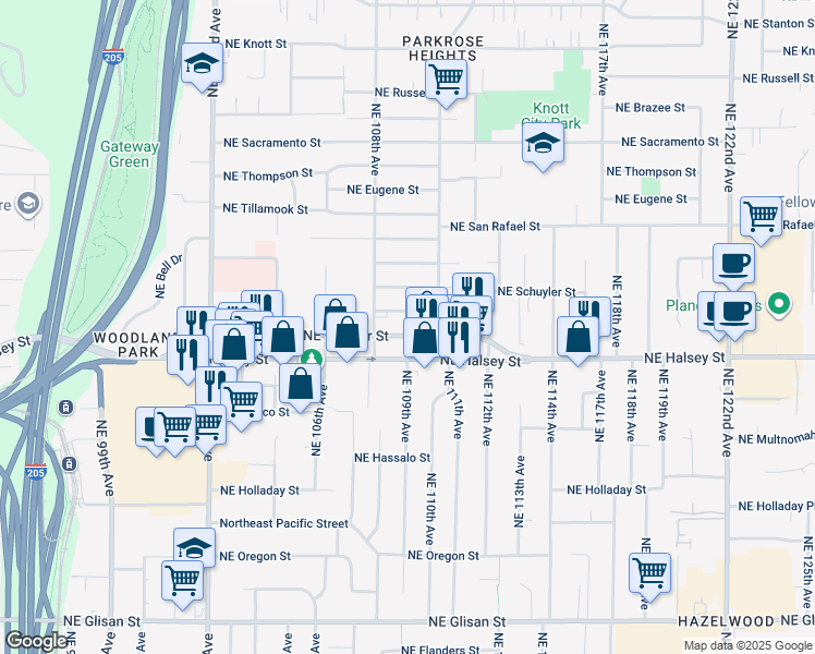 map of restaurants, bars, coffee shops, grocery stores, and more near 10930 Northeast Weidler Street in Portland