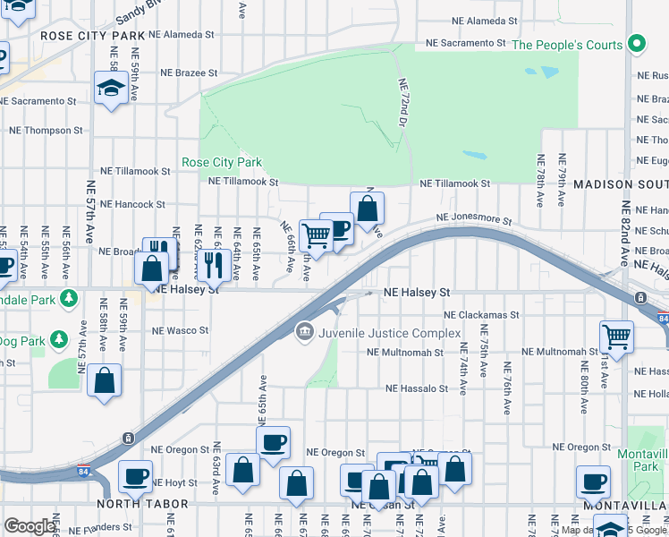 map of restaurants, bars, coffee shops, grocery stores, and more near 1512 Northeast 67th Avenue in Portland