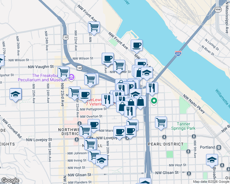 map of restaurants, bars, coffee shops, grocery stores, and more near in Portland