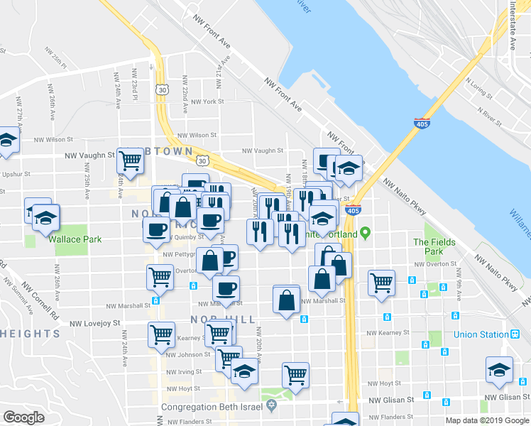 map of restaurants, bars, coffee shops, grocery stores, and more near 1978 Northwest Raleigh Street in Portland