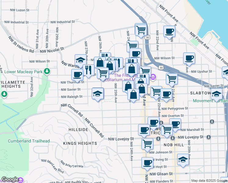 map of restaurants, bars, coffee shops, grocery stores, and more near 2503 Northwest Raleigh Street in Portland