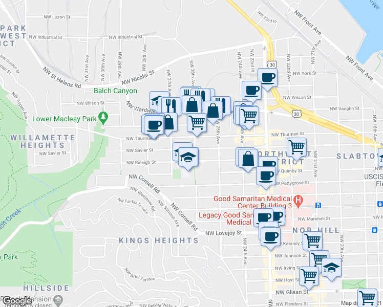 map of restaurants, bars, coffee shops, grocery stores, and more near 2577 Northwest Raleigh Street in Portland
