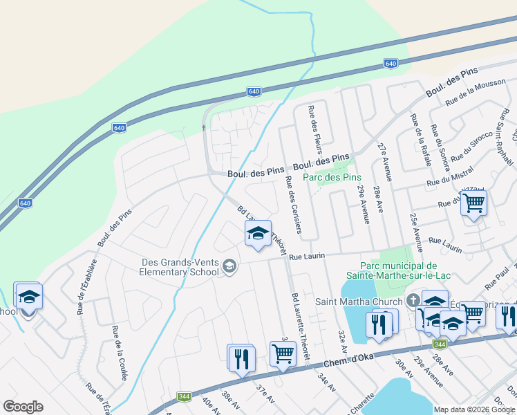 map of restaurants, bars, coffee shops, grocery stores, and more near 389 Rue du Merlot in Sainte-Marthe-sur-le-Lac