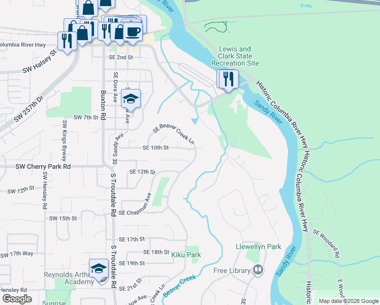 map of restaurants, bars, coffee shops, grocery stores, and more near 748 Southeast 10th Street in Troutdale