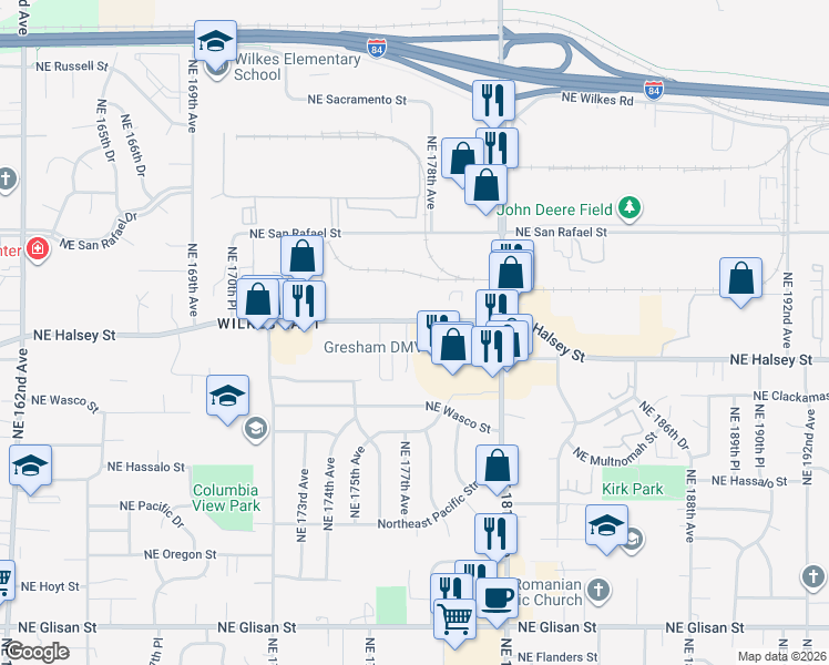 map of restaurants, bars, coffee shops, grocery stores, and more near 17720 Northeast Halsey Street in Portland