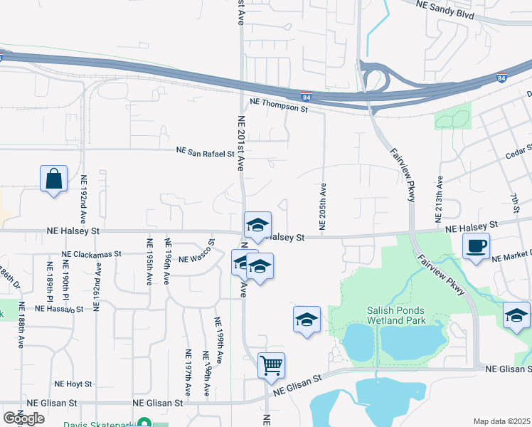 map of restaurants, bars, coffee shops, grocery stores, and more near 20143 Northeast Halsey Street in Fairview
