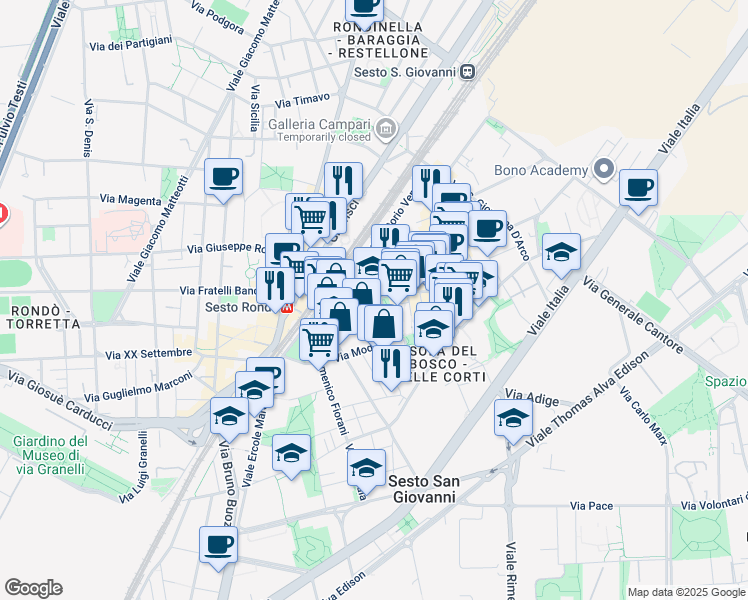 map of restaurants, bars, coffee shops, grocery stores, and more near 18 Via dei Giardini in Sesto San Giovanni