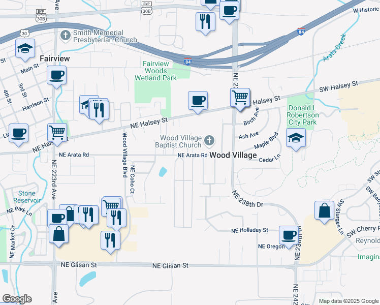map of restaurants, bars, coffee shops, grocery stores, and more near 1615 Northeast 235th Avenue in Troutdale