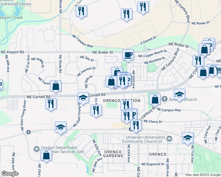 map of restaurants, bars, coffee shops, grocery stores, and more near 1425 Northeast 61st Avenue in Hillsboro