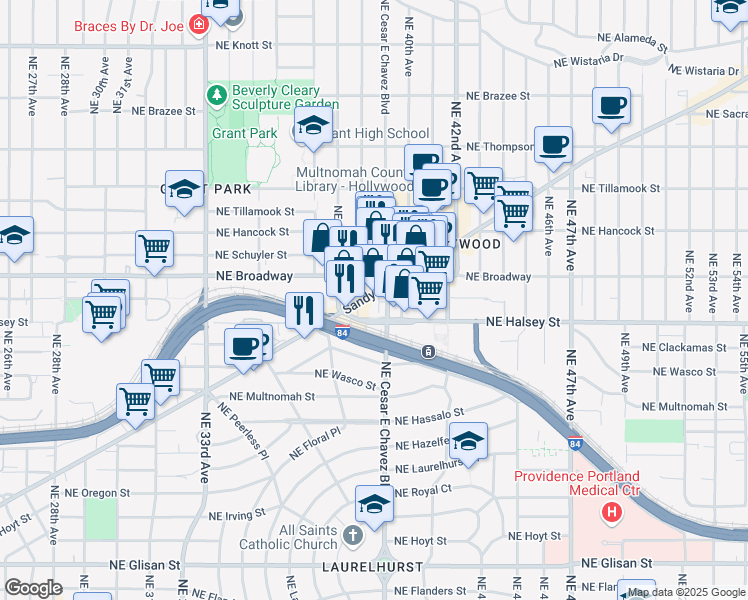 map of restaurants, bars, coffee shops, grocery stores, and more near 3800 Northeast Sandy Boulevard in Portland