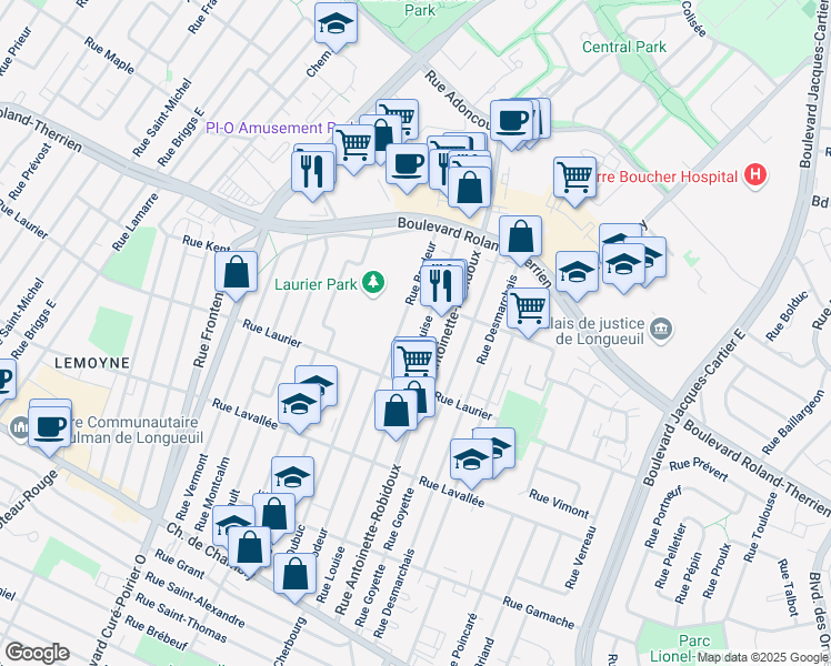 map of restaurants, bars, coffee shops, grocery stores, and more near 585 Rue Louise in Longueuil