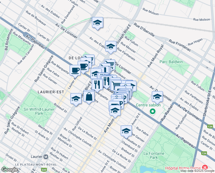 map of restaurants, bars, coffee shops, grocery stores, and more near 4755 Avenue Papineau in Montréal
