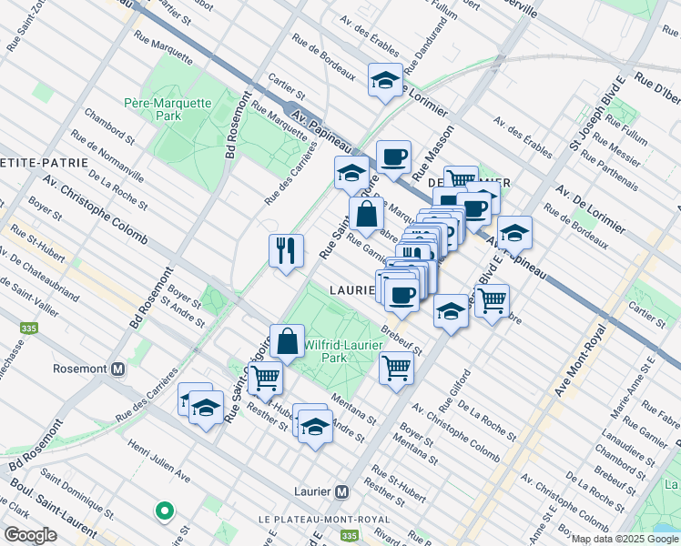 map of restaurants, bars, coffee shops, grocery stores, and more near 5319 Rue Chambord in Montréal
