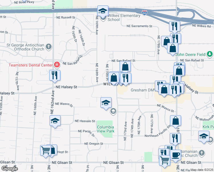 map of restaurants, bars, coffee shops, grocery stores, and more near 17062 Northeast Halsey Street in Portland
