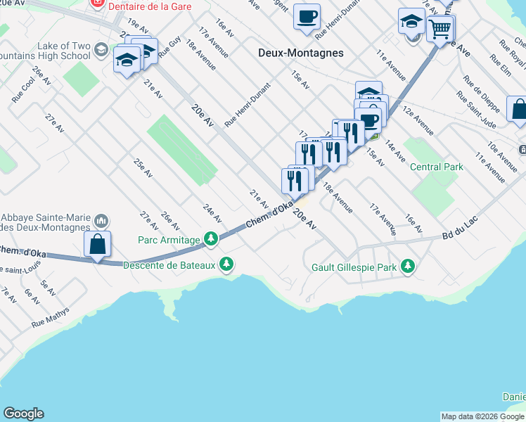 map of restaurants, bars, coffee shops, grocery stores, and more near 2205 Chemin d'Oka in Deux-Montagnes