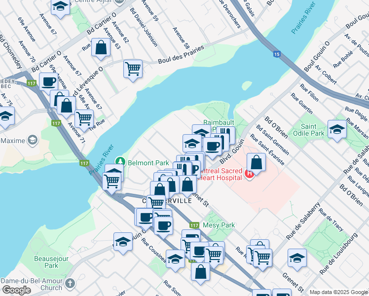 map of restaurants, bars, coffee shops, grocery stores, and more near 12430 Avenue de la Miséricorde in Montréal