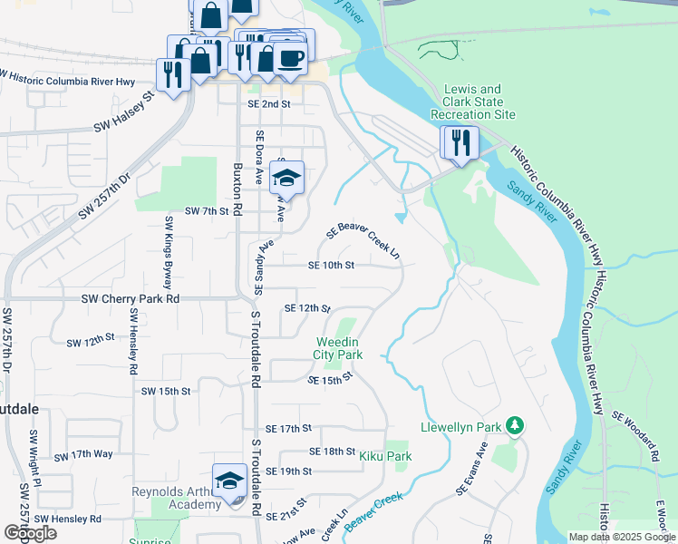 map of restaurants, bars, coffee shops, grocery stores, and more near 583 Southeast 11th Circle in Troutdale