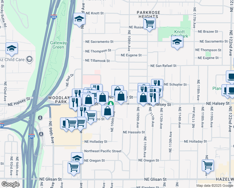 map of restaurants, bars, coffee shops, grocery stores, and more near 10615 Northeast Weidler Street in Portland