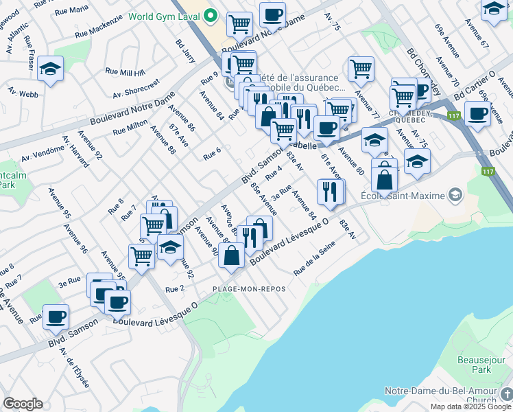 map of restaurants, bars, coffee shops, grocery stores, and more near 4029 3e Rue in Laval