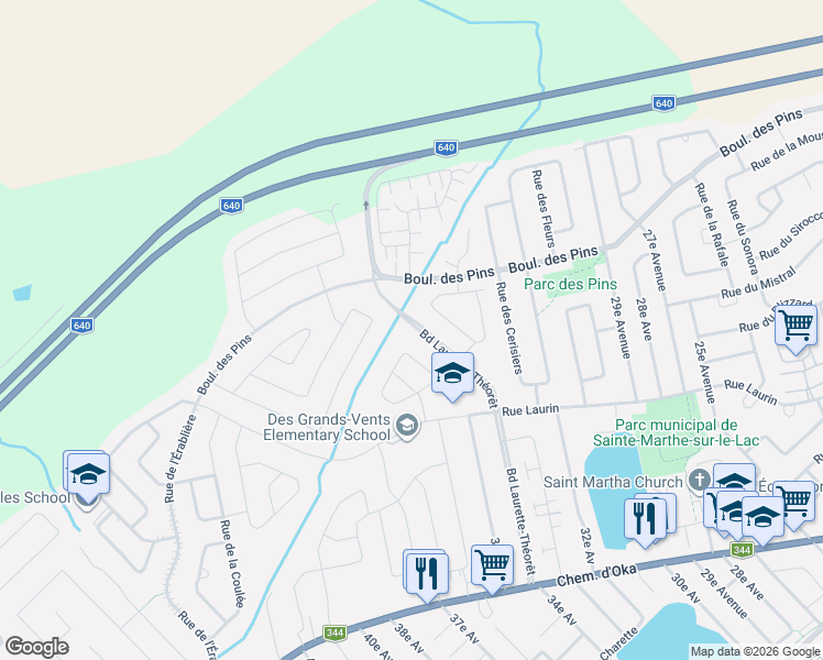 map of restaurants, bars, coffee shops, grocery stores, and more near 412 Boulevard Laurette-Théorêt in Saint-Eustache