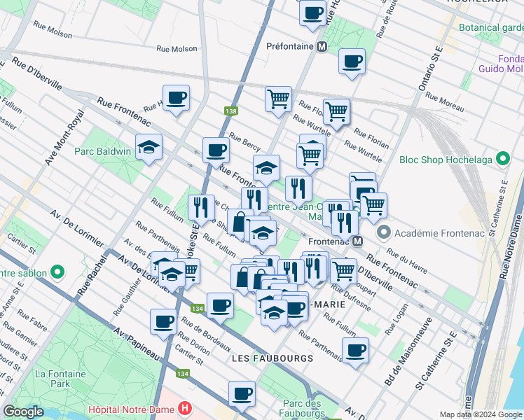 map of restaurants, bars, coffee shops, grocery stores, and more near 2338 Rue d'Iberville in Montreal