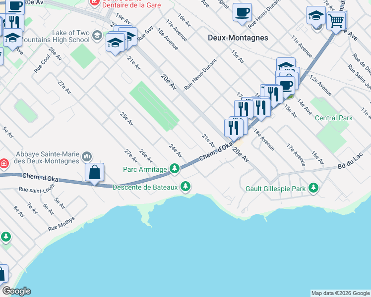map of restaurants, bars, coffee shops, grocery stores, and more near 236 23e Avenue in Deux-Montagnes