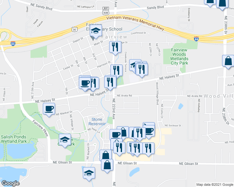 map of restaurants, bars, coffee shops, grocery stores, and more near 1606 Northeast 223rd Avenue in Fairview