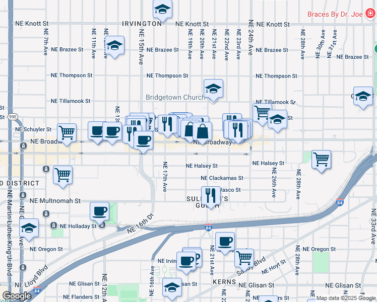 map of restaurants, bars, coffee shops, grocery stores, and more near 1903 Northeast Weidler Street in Portland