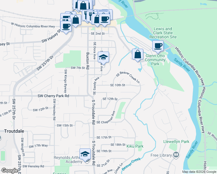 map of restaurants, bars, coffee shops, grocery stores, and more near 428 Southeast 10th Street in Troutdale
