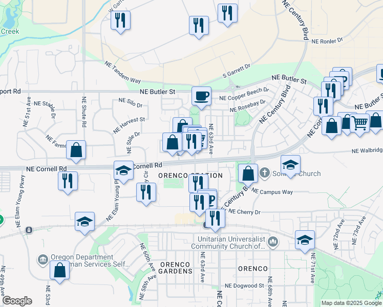 map of restaurants, bars, coffee shops, grocery stores, and more near 1371 Northeast Orenco Station Parkway in Hillsboro