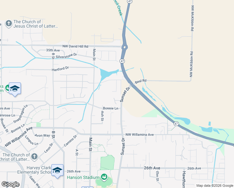 map of restaurants, bars, coffee shops, grocery stores, and more near 3204 Sunset Drive in Forest Grove