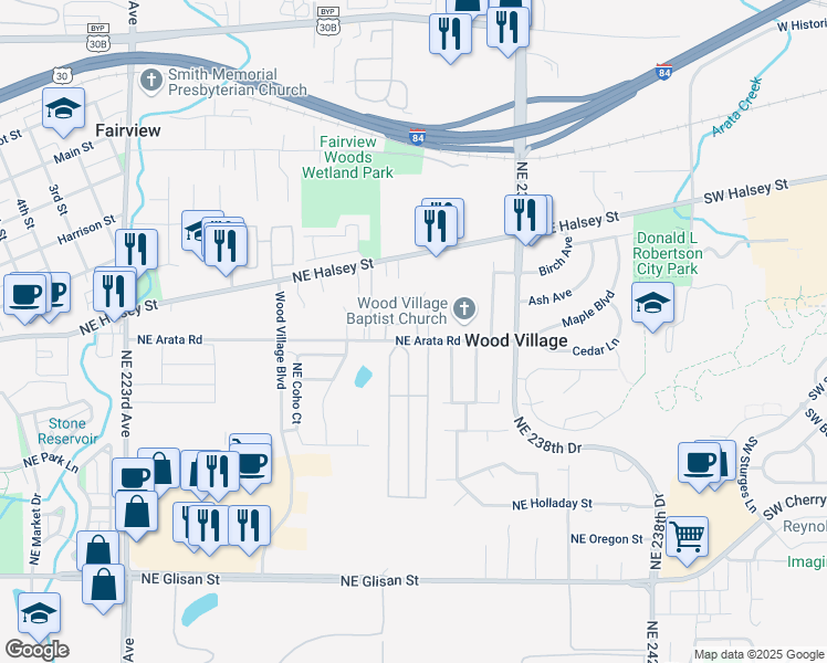 map of restaurants, bars, coffee shops, grocery stores, and more near 1615 Northeast 235th Avenue in Troutdale