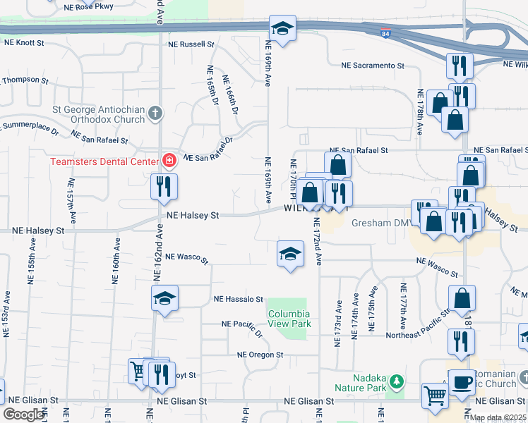 map of restaurants, bars, coffee shops, grocery stores, and more near 1535 Northeast 168th Place in Portland